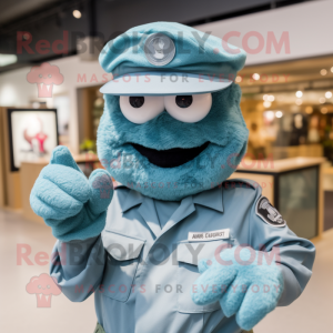 Teal Army Soldier mascot costume character dressed with a Chambray Shirt and Brooches