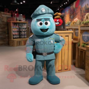 Teal Army Soldier mascot costume character dressed with a Chambray Shirt and Brooches