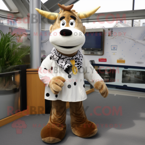 Cream Jersey Cow mascot costume character dressed with a Dungarees and Scarves