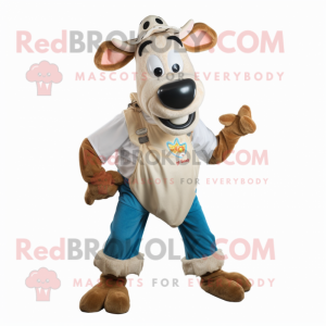 Cream Jersey Cow mascot costume character dressed with a Dungarees and Scarves