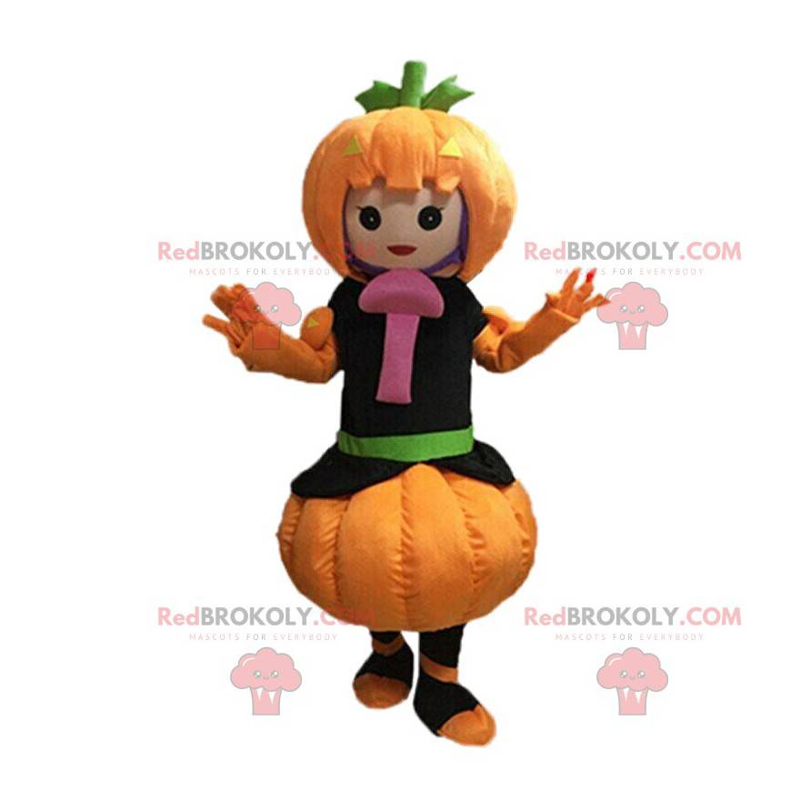 Mascot girl dressed as a pumpkin with a mushroom -