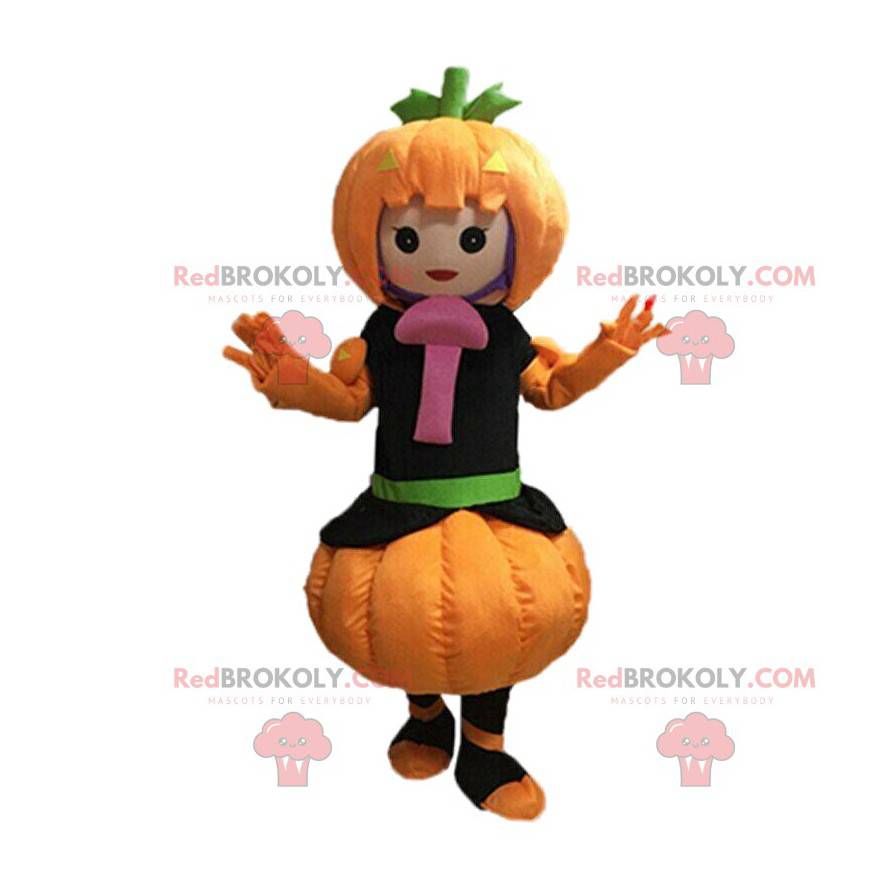 Mascot girl dressed as a pumpkin with a mushroom - Mascot girl dressed as a pumpkin with a mushroom -