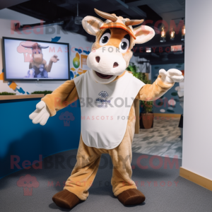 Cream Jersey Cow mascot costume character dressed with a Dungarees and Scarves