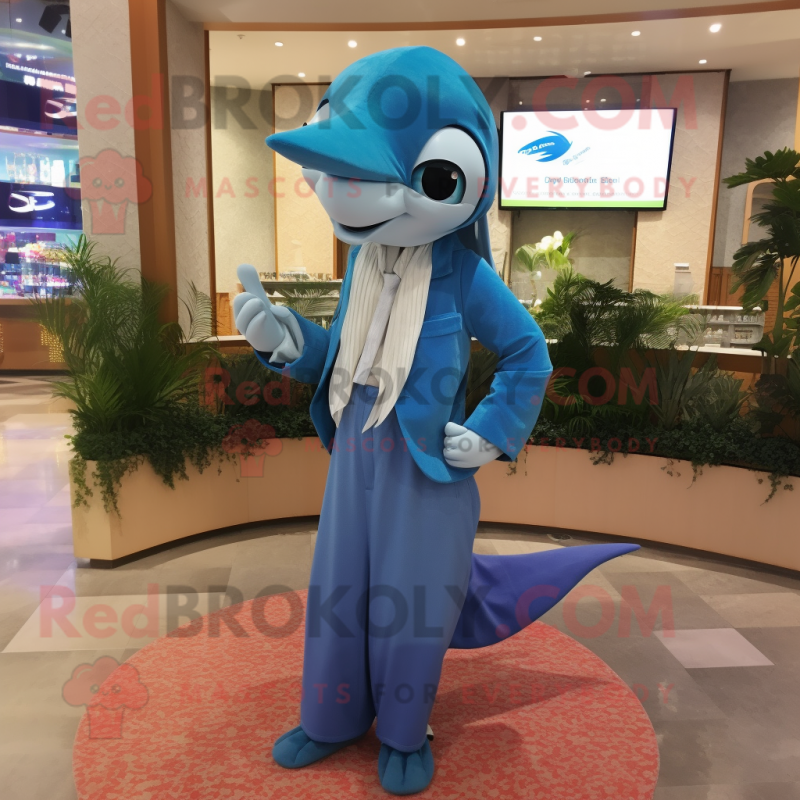 Blue Dolphin mascot costume character dressed with a Wrap Dress and Pocket squares