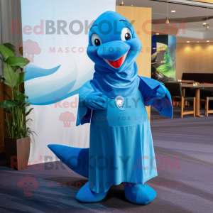 Blue Dolphin mascot costume character dressed with a Wrap Dress and Pocket squares