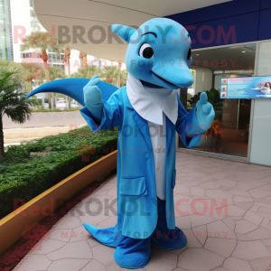 Blue Dolphin mascot costume character dressed with a Wrap Dress and Pocket squares