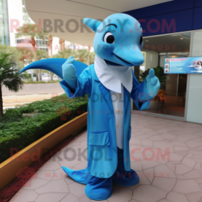Blue Dolphin mascot costume character dressed with a Wrap Dress and Pocket squares