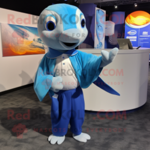 Blue Dolphin mascot costume character dressed with a Wrap Dress and Pocket squares