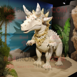 Cream Triceratops mascot costume character dressed with a Swimwear and Necklaces