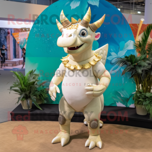 Cream Triceratops mascot costume character dressed with a Swimwear and Necklaces