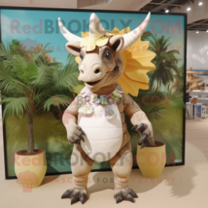 Cream Triceratops mascot costume character dressed with a Swimwear and Necklaces