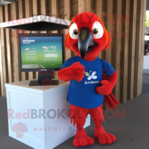 Red Macaw mascot costume character dressed with a Polo Shirt and Hair clips