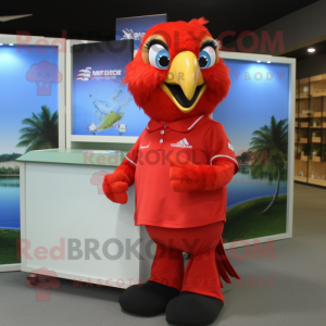 Red Macaw mascot costume character dressed with a Polo Shirt and Hair clips