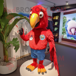 Red Macaw mascot costume character dressed with a Polo Shirt and Hair clips