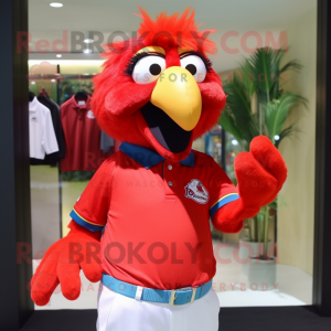 Red Macaw mascot costume character dressed with a Polo Shirt and Hair clips