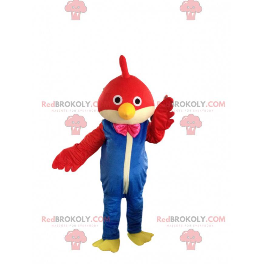 Mascotte d'oiseau rouge avec une combinaison, costume d'oiseau