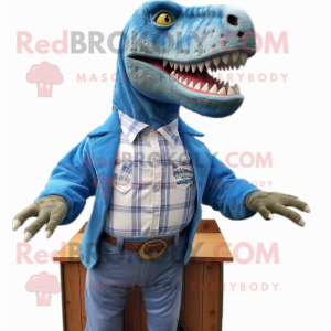 Sky Blue Allosaurus mascot costume character dressed with a Flannel Shirt and Lapel pins