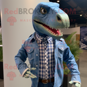 Sky Blue Allosaurus mascot costume character dressed with a Flannel Shirt and Lapel pins