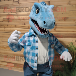 Sky Blue Allosaurus mascot costume character dressed with a Flannel Shirt and Lapel pins
