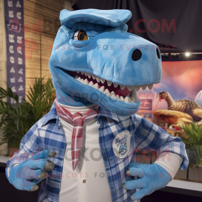 Sky Blue Allosaurus mascot costume character dressed with a Flannel Shirt and Lapel pins