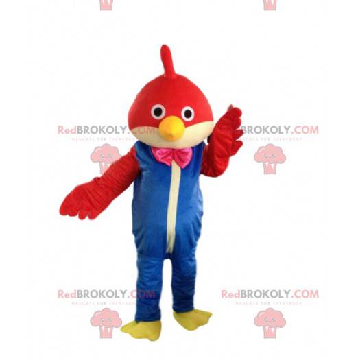 Mascotte d'oiseau rouge avec une combinaison, costume d'oiseau