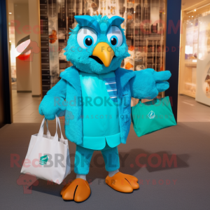 Turquoise Hawk mascot costume character dressed with a Coat and Tote bags