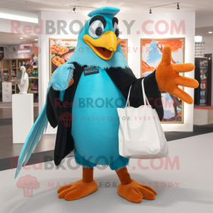 Turquoise Hawk mascot costume character dressed with a Coat and Tote bags