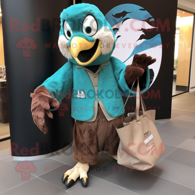 Turquoise Hawk mascot costume character dressed with a Coat and Tote bags