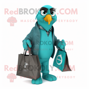 Turquoise Hawk mascot costume character dressed with a Coat and Tote bags