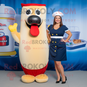 Navy Hot Dogs mascot costume character dressed with a Shift Dress and Earrings