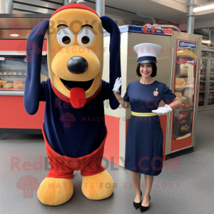 Navy Hot Dogs mascot costume character dressed with a Shift Dress and Earrings