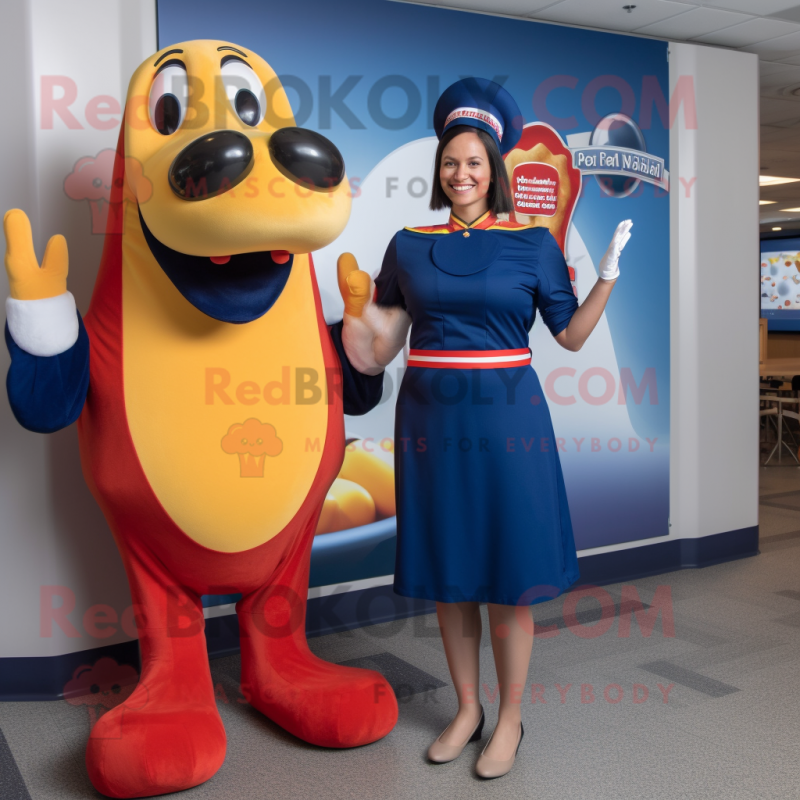 Navy Hot Dogs mascot costume character dressed with a Shift Dress and Earrings