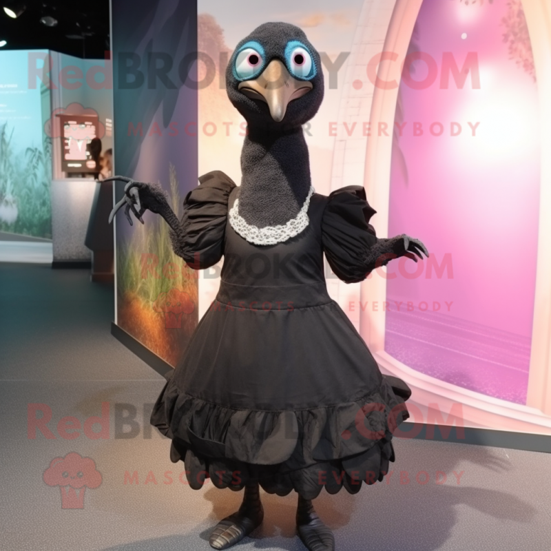 Black Dodo Bird mascot costume character dressed with a Shift Dress and Cummerbunds