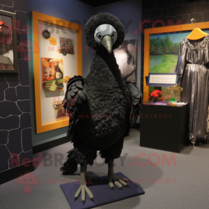 Black Dodo Bird mascot costume character dressed with a Shift Dress and Cummerbunds