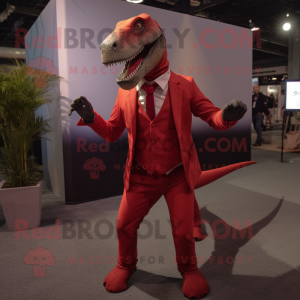 Red Allosaurus mascot costume character dressed with a Suit Pants and Ties
