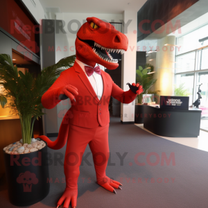 Red Allosaurus mascot costume character dressed with a Suit Pants and Ties