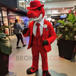 Red Allosaurus mascot costume character dressed with a Suit Pants and Ties