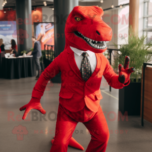 Red Allosaurus mascot costume character dressed with a Suit Pants and Ties