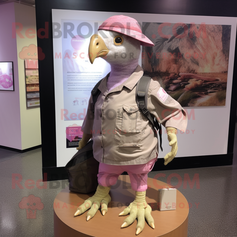 Pink Guinea Fowl mascot costume character dressed with a Cargo Shorts and Hat pins Pink Guinea Fowl mascot costume character dressed with a Cargo Shorts and Hat pins