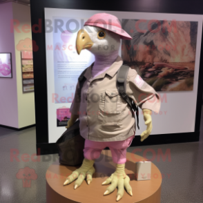 Pink Guinea Fowl mascot costume character dressed with a Cargo Shorts and Hat pins