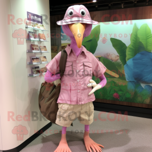 Pink Guinea Fowl mascot costume character dressed with a Cargo Shorts and Hat pins