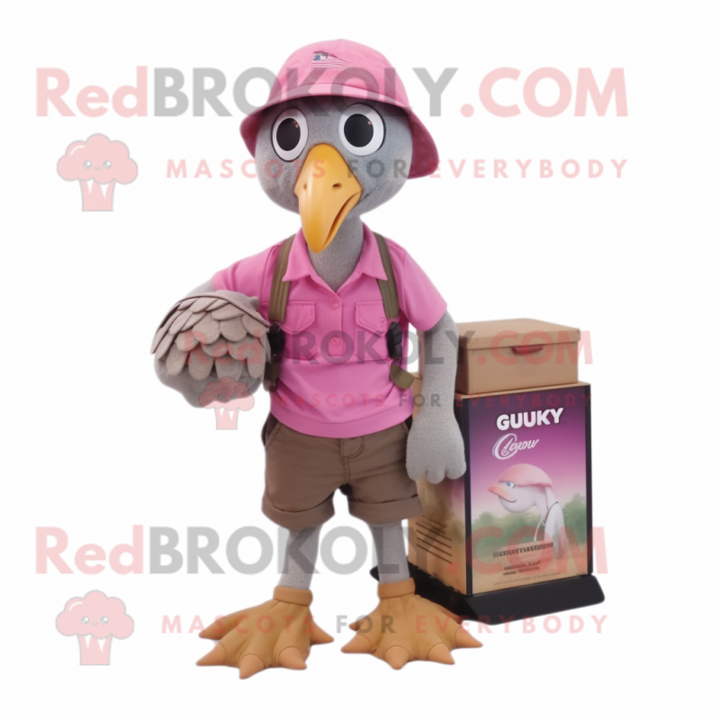 Pink Guinea Fowl mascot costume character dressed with a Cargo Shorts and Hat pins Pink Guinea Fowl mascot costume character dressed with a Cargo Shorts and Hat pins
