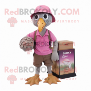 Pink Guinea Fowl mascot costume character dressed with a Cargo Shorts and Hat pins