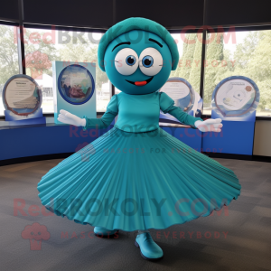 Teal Plate Spinner mascot costume character dressed with a Pleated Skirt and Rings