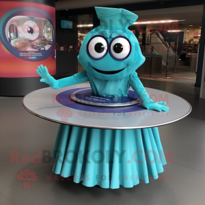 Teal Plate Spinner mascot costume character dressed with a Pleated Skirt and Rings