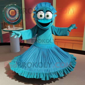 Teal Plate Spinner mascot costume character dressed with a Pleated Skirt and Rings