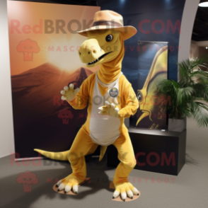 Gold Parasaurolophus mascot costume character dressed with a Bootcut Jeans and Hats