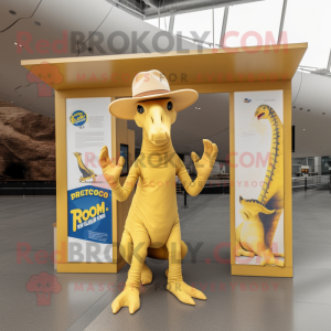 Gold Parasaurolophus mascot costume character dressed with a Bootcut Jeans and Hats