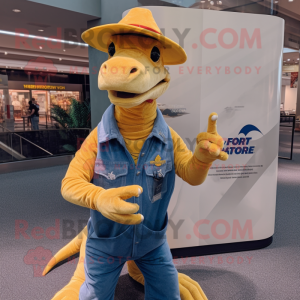 Gold Parasaurolophus mascot costume character dressed with a Bootcut Jeans and Hats