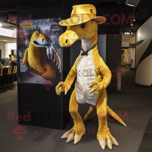 Gold Parasaurolophus mascot costume character dressed with a Bootcut Jeans and Hats